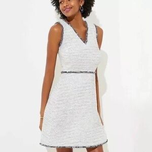 LOFT women’s Blue Fringe Boucle Flare sleeveless Tweed Dress - size 6